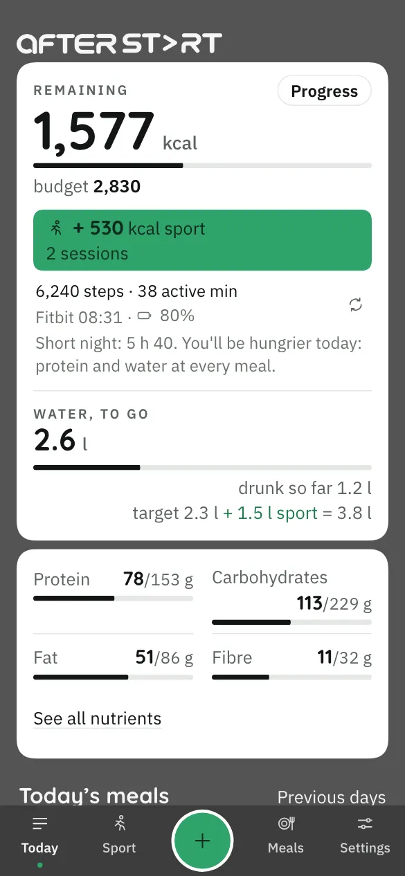 App screen: the home page, with the calories remaining, today’s exercise, water and nutrients.
