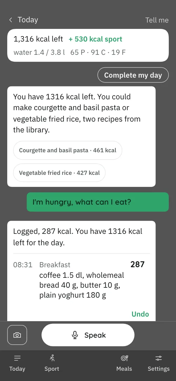 App screen: a conversation with “Tell me”, which logs a breakfast and then suggests two recipes.