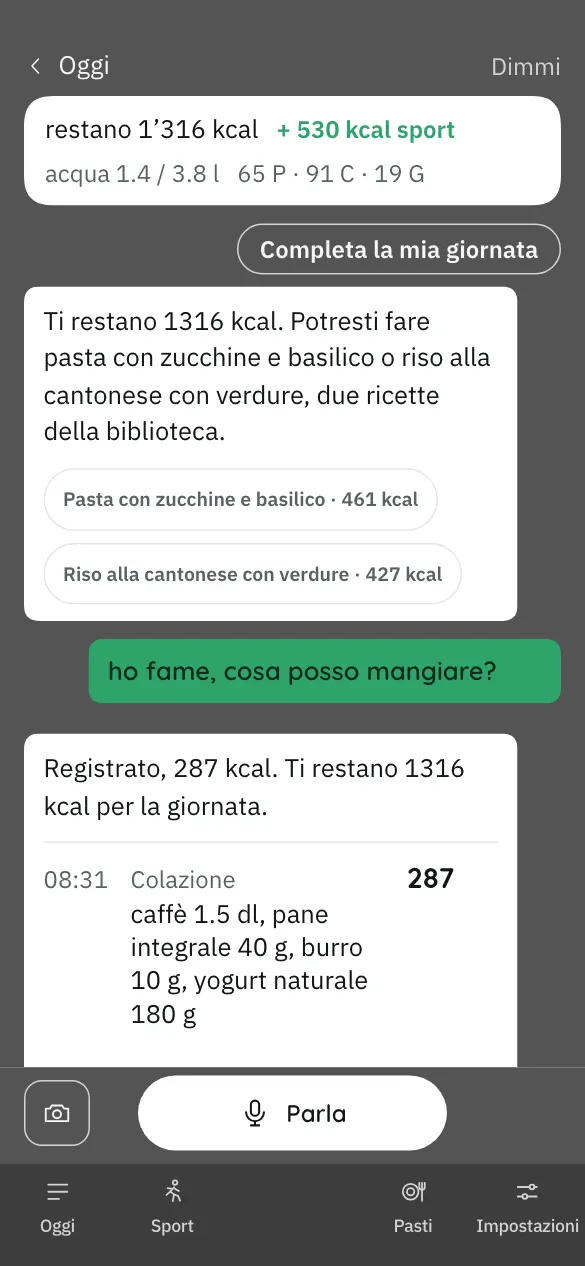 Schermata dell’app: una conversazione con «Dimmi», che registra una colazione e poi propone due ricette.