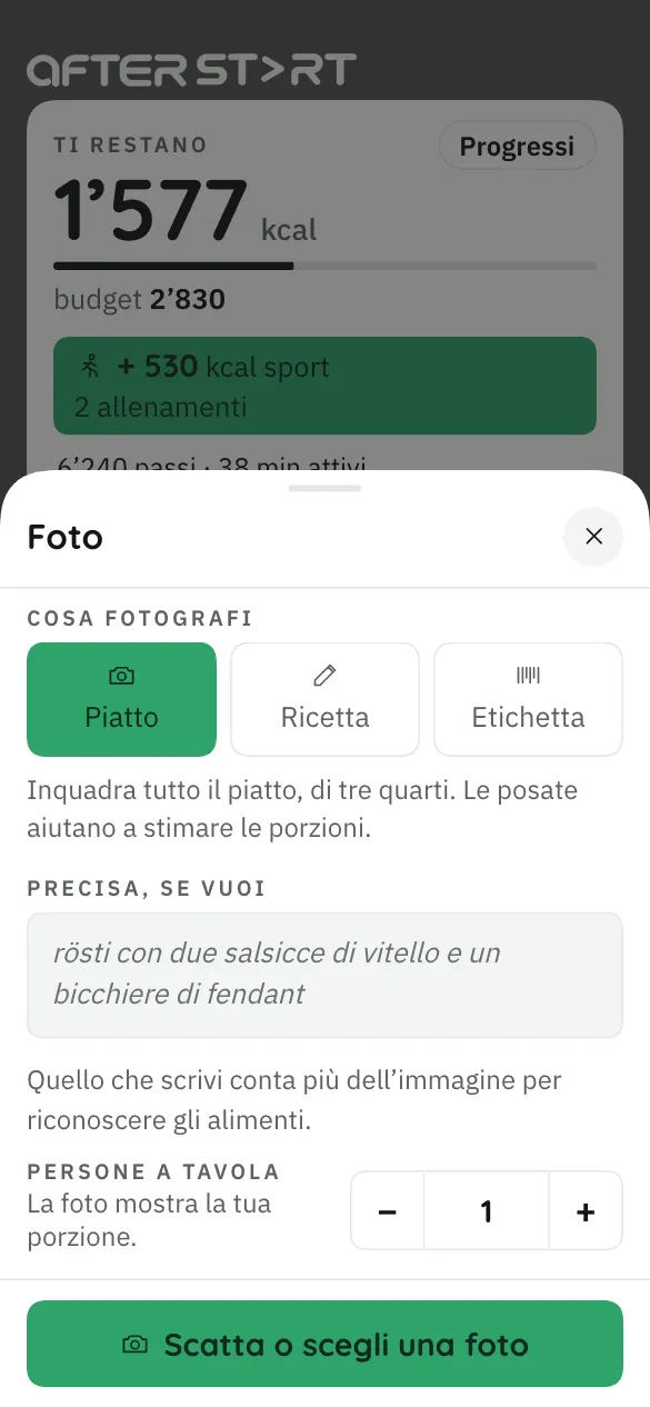 Schermata dell’app: il pannello Foto, con la scelta Piatto, Ricetta o Etichetta e un campo per precisare.