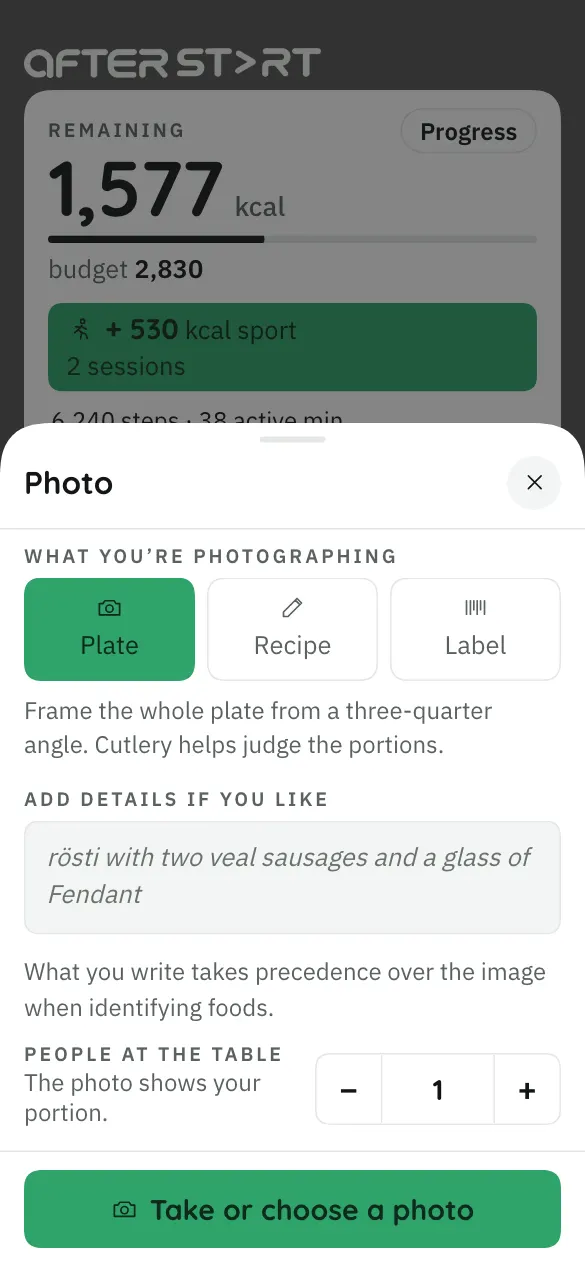 App screen: the Photo sheet, with the choice of Plate, Recipe or Label and a field to add details.