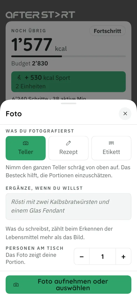 Bildschirm der App: das Fenster Foto, mit der Wahl Teller, Rezept oder Etikett und einem Feld für Ergänzungen.
