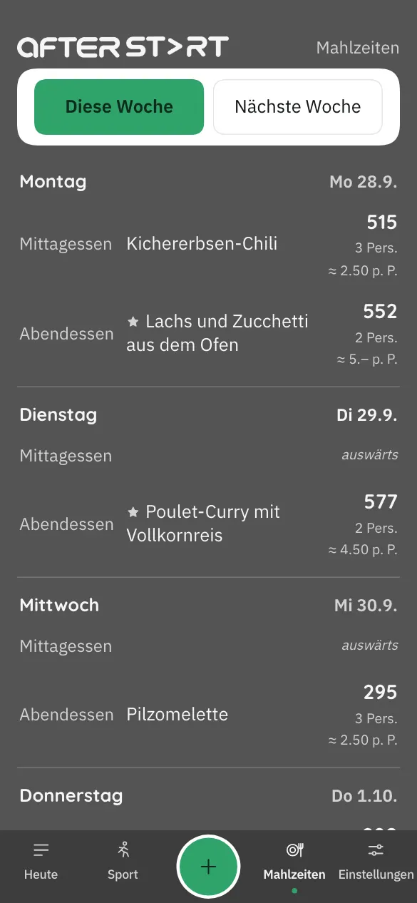 Bildschirm der App: der Wochenplan mit Mittag- und Abendessen jedes Tages, den Kalorien und einem geschätzten Preis.